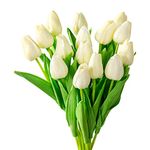 DecoForU 15 Pcs Artificial Tulips Flowers Real Touch Fake Flowers Artificial Flowers PU Artificial Tulips Flowers Arrangement Bouquet Decoration for Home (Cream)