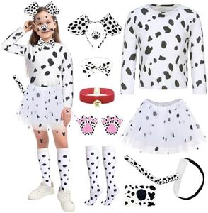 10 Pcs Dalmatian Costume Girls 100 Days of School Costume Kids Dalmatians Dog Cosplay Outfit Set with Accessories Knee Socks Headband Tail for Halloween School Party RK012S