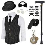 VillbeCoser 1920s Mens Vest Costume Roaring 20s Accessories, Foldable Metal Crutches Fedora Hat Halloween Party