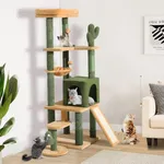 YITAHOME Tall Cactus Cat Tree Tower with Self-Grooming Brush, 60in Cute Cat Climbing Tower for Indoor Cats with Cat Condo, Top Perch, Basktet, Sisal Scratching Posts and Board,Toy Balls