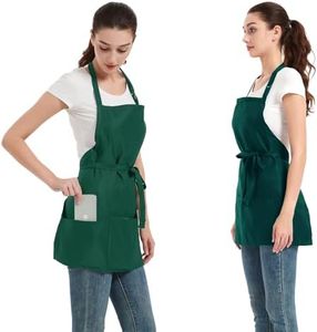 Eksict Waterproof Server Apron, Aprons for Women with 3 Pockets, Machine Washable Aprons for Cooking, Men Chef Apron, Green, 2Pack