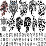 77 Sheets Tribal Temporary Tattoos for Men, 17 Sheets Half Arm Western Tribal Wolf Lion Owl Skull Fake Tattoos Long Lasting for Adults Women, 60 Sheets Black Tiny Tattoos Sticker for Kids Boy Girl