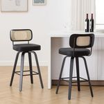 Bekrvio Swivel Counter Height Bar Stools Set of 2, Upholstered Faux Leather Barstools with Rattan Back, 26" Seat Height Bar Chairs Island Stools for Kitchen Counter, Black Wood Frame, Black