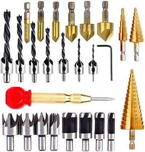 LAMPTOP 26Pcs Woodworking Chamfer Drilling Tools Included 6 Countersink Drill Bits, 7 Three Pointed Countersink Drill Bit & L-Wrench, 8 Wood Plug Cutter, 3 Step Drill Bit, Automatic for Wood Drilling