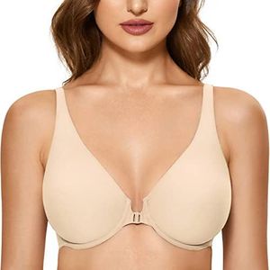 DELIMIRA Women's Front Closure Bras Plus Size Underwire Unlined Plunge Comfort Bra Beige 42B