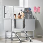 YITAHOME Dog Bathing Station, Professional Stainless Steel 304 Dog Bathtub, Dog Grooming Tub w/Left Stairs, Floor Grate, Faucet, 50in Pet Washing Station for Large, Medium, Small Pets