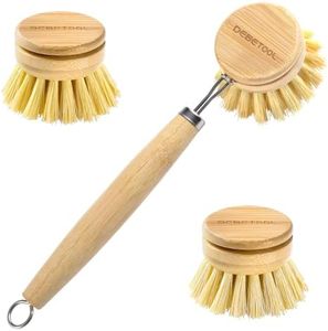 DEBETOOL Bamboo Pot Dish Brush,3 Pack Natural Wooden Scrub Brush with Sisal Fiber,Suitable for Dishes,Pans,Pot and Other Utensils-Sustainable,Kitchen Cleaning Brush with 2 Replacement Brush Heads