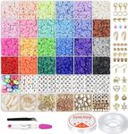 6000 Clay Beads for Jewellery Making,24 Colors 6mm Disc-Shaped Polymer Clay Beads with Pendant Charms Kit Letter Beads and Elastic Strings for DIY Craft, Bracelets, Necklace, Making Kit, Hand Making