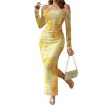 EIFFELT Women's Long Sleeve Maxi Dresses Mesh Printed Tie Dye Ruched Bodycon Long Dress Party Cocktail Elegant Outfits, Yellow-off Shoulder, XS