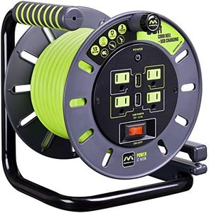 Masterplug Power At Work Four Power Outlets, Open Cord Reel with Winding Handle and Two USB Charging Ports, Overload Circuit Breaker and Power Switch, 50 Feet 14AWG, High Visibility Cord, Green
