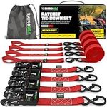 RHINO USA Ratchet Straps Tie Down Kit, 5,208 Break Strength - Includes (4) Heavy Duty Rachet Tiedowns with Padded Handles & Coated Chromoly S Hooks + (4) Soft Loop Tie-Downs