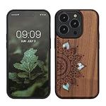 kwmobile Wood Case Compatible with Apple iPhone 14 Pro Case - Cover - Rising Sun Mother of Pearl Dark Brown