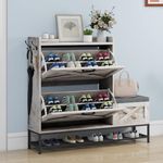 DWVO Farmhouse Shoe Storage Cabinet with Shoe Bench, Entryway Shoe Storage with 2 Flip Drawers for 16 Pairs, Narrow Slim Shoe Cabinet for Entryway, Living Room, Hallway (Embossed White)