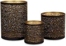 Set of 3 Black and Gold Metal Decorative Hurricane Candle Holders with 3 complimentary Pine Scented Votive tealight Candles Included. Elegant Lantern Style Centerpiece. Home décor Room Accents