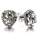 Vintage Mens Lion Head Stud Earrings in Stainless Steel with White Cubic Zirconia, 2 Pcs(CA)