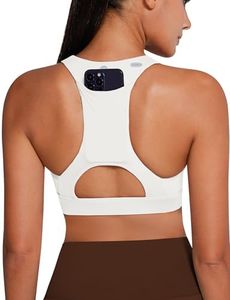 QUEENIEKE V Neck Running Sports Bra with Phone Pocket, Medium Support Workout Tops Padded Racerback Bra for Women, White, Medium