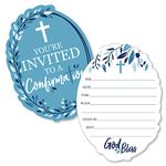 Confirmation Blue Elegant Cross - Shaped Fill-in Invitations - Boy Religious Party Invitation Cards with Envelopes - Set of 12