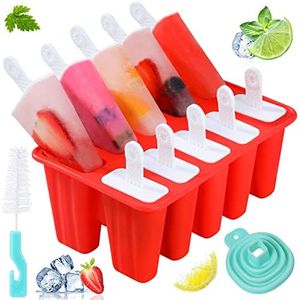 Popsicle Molds,Silicone Ice Pop Molds,BPA Free Popsicle Mold Reusable Easy Release Ice Pop Maker,Homemade Popsicle Mould with Silicone Funnel and Cleaning Brush (Red, 10 Cavities)