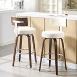 Bekrvio Swivel Counter Height Bar Stools Set of 2, Faux Leather Kitchen Stools Upholstered Barstools with Back, Walnut Wood Legs, Mid Century Island Chairs Counter Stools, 26" Seat Height, White