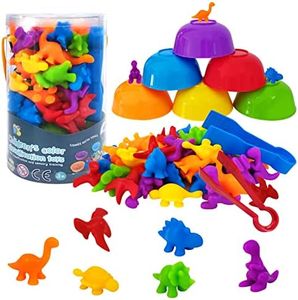 56 Pcs Counting Animal Dinosaurs Toys,PIOGHAX Rainbow Counting Dinosaurs Matching Game with Sorting Cups and Tweezers for Toddlers and Kids Girls Boys