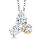 Gem Stone King 925 Silver and 10K Yellow Gold White Moissanite 3 Stone Pendant Necklace for Women | 2.55 Cttw | Gemstone Birthstone | Pear Shape 8X6MM | Oval 7X5MM | Round 5MM | with 18 Inch Chain,