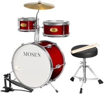 MOSEN Drum Set 3-Piece Beginner Drum Set Junior Drum Kit with Adjustable Throne, Cymbal, Pedal & Drumsticks Drums with Bass Tom Snare Drum - Red