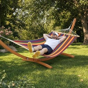 Curved Wood Hammock Stand with Striped Hammock,475LBS Fit 9-13ft Hammocks