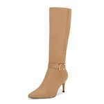 Coutgo Womens Knee High Boots Stiletto Heels Suede Pointed Toe Wide Calf Metal Buckle Side Zipper Winter Boots, Khaki, 5.5