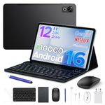 P12 Android 16 Tablet with Gemini AI, 12 Inch Tablet 2.4K 120Hz, 48GB+128GB/TF 2TB, UT7280 Octa-Core, 10000mAh Battery, 13MP+8MP/Face ID/Widevine L1/3.5mm Headphone, Tablet with Keyboard & Pen, Black