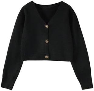 SweatyRocks Girl's Long Sleeve Drop Shoulder V Neck Button Front Ribbed Knit Cardigan Sweaters Pure Black 13-14Y