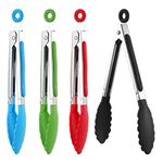 Pinenuts 4 Pcs Kitchen Tongs, 8” Non-Slip Stainless Steel Cooking Tongs with Locking Clip for Cooking, BBQ, Serving, Heat Resistant Handle, Food Grade, Assorted Colour