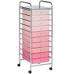 VonHaus Storage Trolley, 10 Drawer Pink Wheeled Makeup Trolley, Durable Storage with Plastic Drawers, Chrome Frame, Storage Panel & 360° Wheels, Versatile Organiser for Bedroom, Bathroom, Home Office