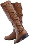 Syktkmx Womens Strappy Motorcycle Knee High Boots Winter Lace Up Riding Flat Low Heel Shoes, Brown, Size 8.5