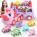 newcrave Truck Car Toys for 1 2 3 Year Old Girls, 7-in-1 Unicorn Car Toys Carrier Truck Toy Cars with Light & Sound, Toddler Girl Toys Age 1-3, 1 2 3 Year Old Girl Birthday Gifts Toys for Kids Girls