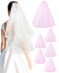 Thiccywoov 7 Pcs Bridal Wedding Veil 1 Pcs White Double Ribbon Edge Veils for Brides 6 Pcs Pink Short Wedding Veil with Comb for Wedding Bachelorette Party Bridal Shower, White Pink, Medium