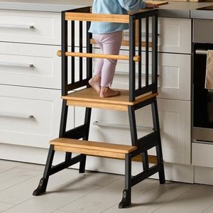 COSYLAND Kids Kitchen Step Stool, Toddler Standing Tower with CPC Certification, Removable Anti-Drop Railing Safety Rail Enjoys Unique Patented Design A Anti-tip Stable Structure Natural & Black