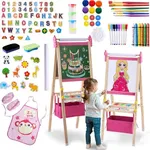 Art Easel for Kids - Adjustable Wooden Double-Sided Magnetic Whiteboard and Chalk Board with Paper Roll, 100+ Drawing Accessories - Foldable Painting Birthday Gifts for Boys Girls Ages 3-12, Pink