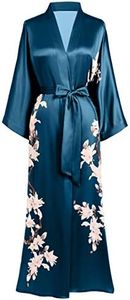 BABEYOND Kimono Robe Cover up Long Floral Satin Sleepwear Silky Bathrobe Bachelorette Robe, Dark Green, One size