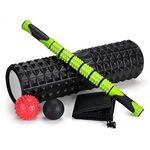 Odoland 5-in-1 18" Large Size Foam Roller Kit with Muscle Roller Stick and Massage Balls, High Density for Physical Therapy, Deep Tissue Trigger, Pain Relief, Myofascial Release, Balance Exercise, Black