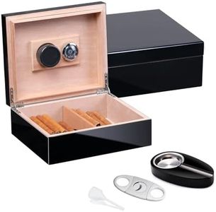 Woodronic Cigar Humidor Set, Black Lacquer High Gloss with Spanish Cedar Wood Lined/Divider for 25-50 Cigars, with Stainless Steel Astray, Cigar Cutter, Hygrometer and Humidifier