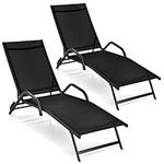 COSTWAY Set of 2 Sun Loungers, 5 Positions Adjustable Outdoor Chaise Lounge Chair with Armrests, Metal Frame Deck Sunbed Garden Reclining Chairs for Patio, Lawn, Beach and Poolside, Black (2PCS)