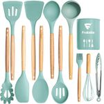 Fruitalite Silicone Kitchen Utensils Spoon Spatula Cooking 12 Pcs Set | Non-Stick with Wooden Handle- BPA Free, Heat Resistant Item, Flexible Non Toxic Silicon Cookware Tools with Holder- Mint Green