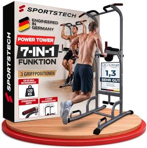 Sportstech 7in1 Power Tower PT300 als Dip Station & Kraftturm, multifunktionale Kraftstation für Zuhause mit Klimmzugstange, Liegestützgriffe und 4 Ösen für TRX, Ropes & Schlingen, Sit-Ups, in schwarz
