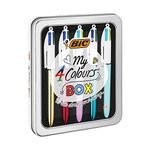 BIC 4 Colours Pens In A Special Metal Tin of 5 Pens, Includes mix of Shine and Bright Barrel Coloured Ink ,Black, red, blue, green