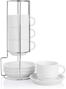 Sweejar Porcelain Cappuccino Cups with Saucers and Metal Stand, 8 Ounce Stackable Espresso Cups for Specialty Coffee Drinks, Latte, Americano, Tea - Set of 4 (White)