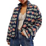 Quilted Jacket Womens Cropped Puffer Jacket Floral Print Padded Quilted Coat Long Sleeve Lightweight Vintage Padded Jacket Outerwear Y2k Open Front Padded Jacket Outwear Floral Jackets