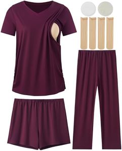 DANSHOW 5 Piece V Neck Maternity Nursing Pajamas Set Postpartum Pjs Breastfeeding Sleepwear, Nursing Breast Pads & Socks (HY237701-02B-M) Burgundy