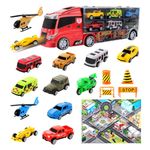 deAO Transporter Truck Carrycase for Cars Set Carrier Including a Total of 12 Vehicles, Accessories and Play Map, Multicolor/Assorted