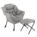 COSTWAY Armchair Accent Chair, Sherpa Upholstered Lounge Armchair Leisure Sofa Chair with Side Pocket, Metal Frame Lazy Comfy Seat Reading Chair for Living Room Bedroom (with Footstool, Grey)