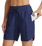 Willit Women's 7" Athletic Running Shorts Long Workout Hiking Shorts Quick Dry High Waisted Active Shorts Zipper Pocket Navy Blue L